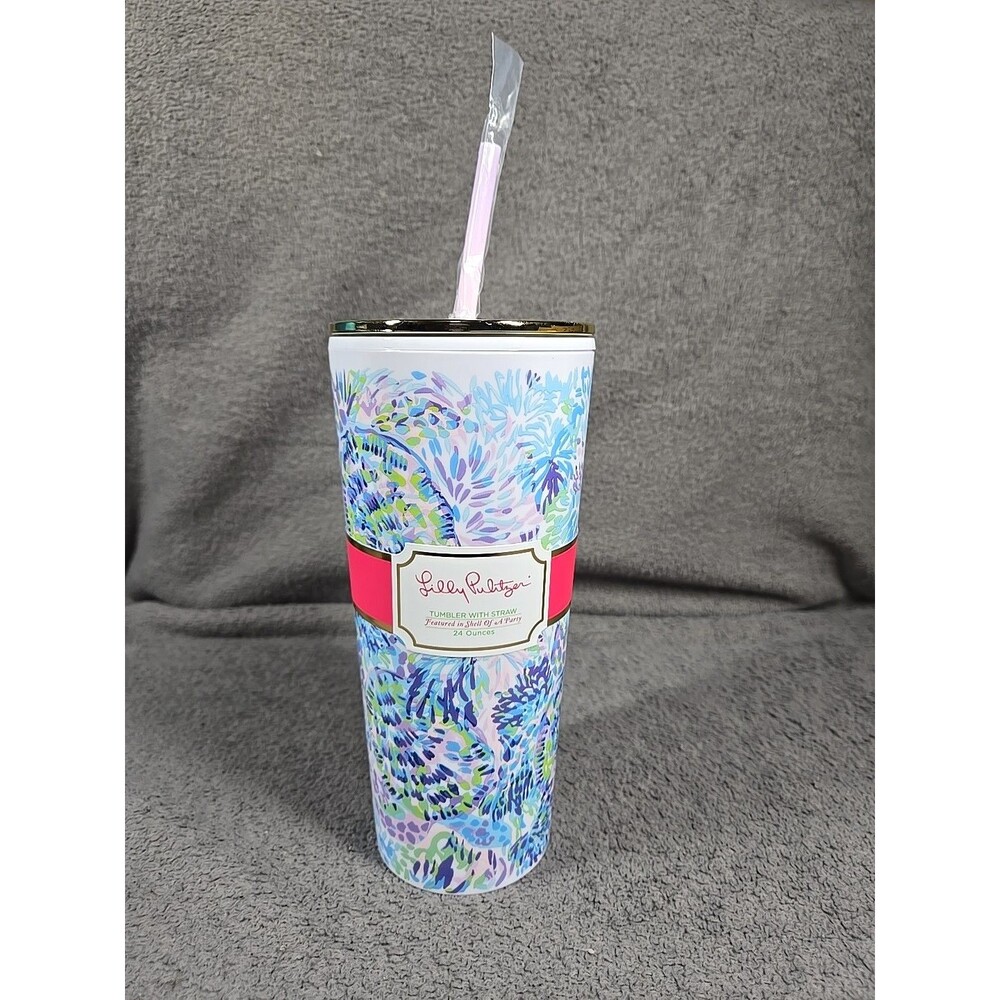 Lilly Pulitzer Featured In Shell Of A Party Tumbler 24 Oz NEW READ Gold Tone Lid